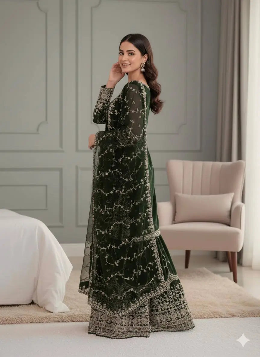 Fendy Silk Embroidered Kurti Sharara Set