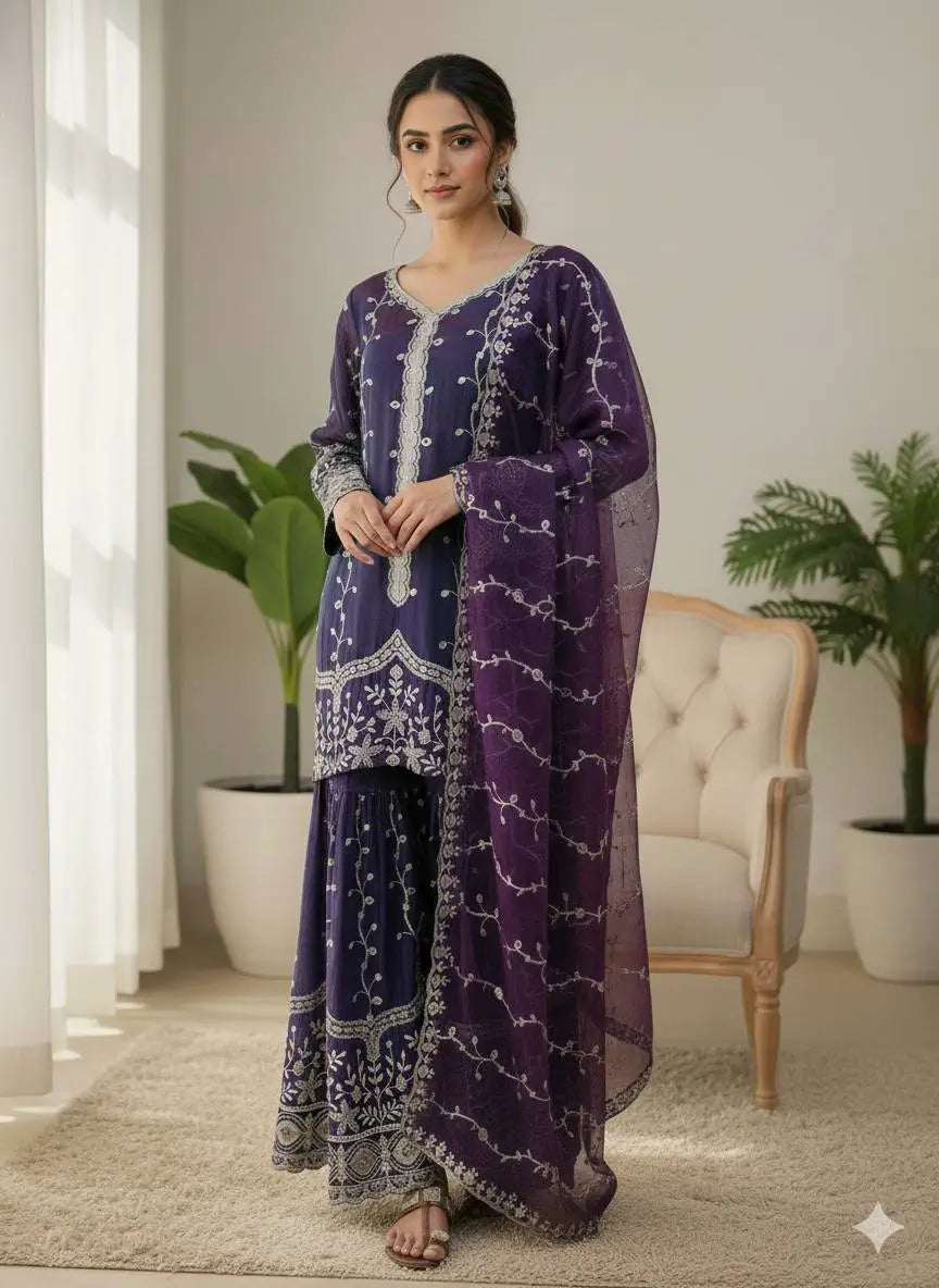 Fendy Silk Embroidered Kurti Sharara Set