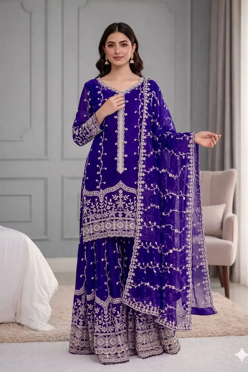 Fendy Silk Embroidered Kurti Sharara Set