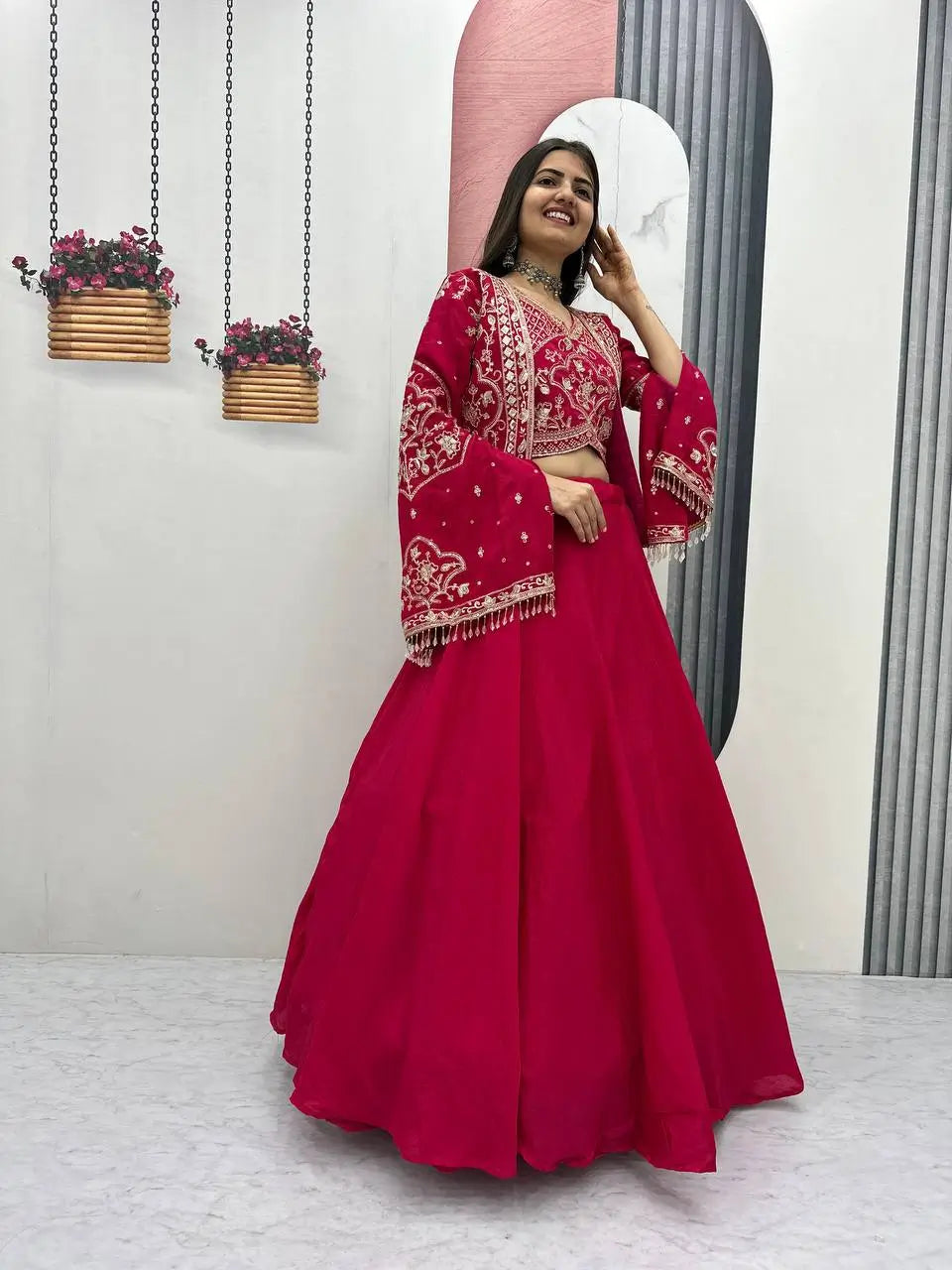Festival Special Chinon Crop Top Lehenga with Jacket for Wedding and Party Wear