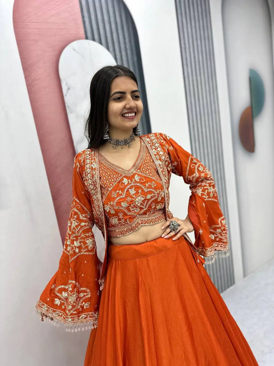 Festival Special Chinon Crop Top Lehenga with Jacket for Wedding and Party Wear