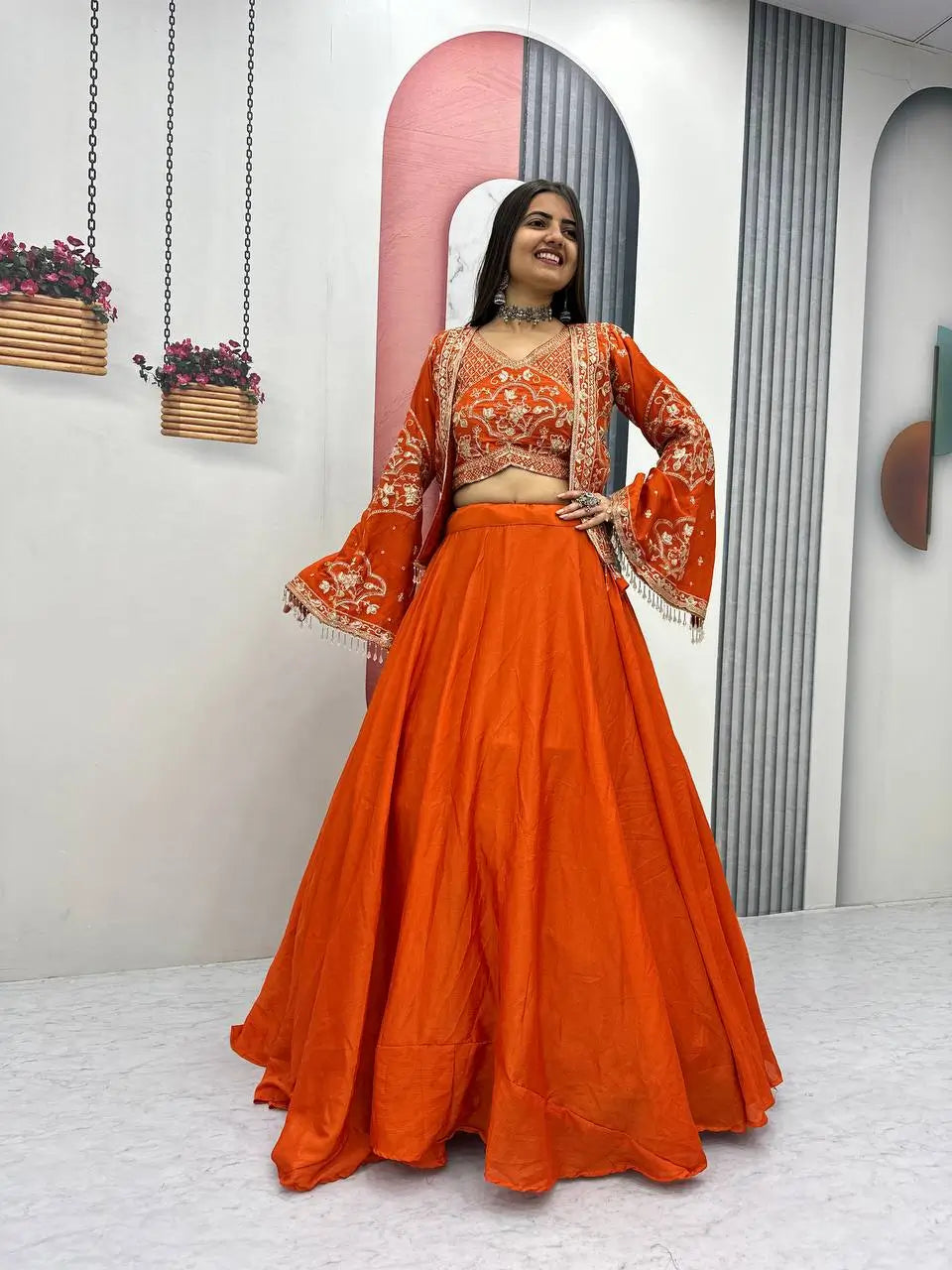 Festival Special Chinon Crop Top Lehenga with Jacket for Wedding and Party Wear
