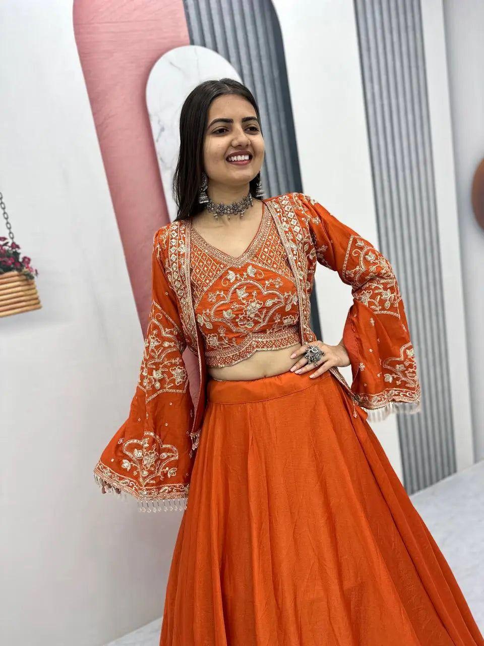 Festival Special Chinon Crop Top Lehenga with Jacket for Wedding and Party Wear
