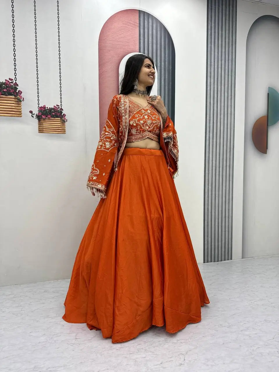 Festival Special Chinon Crop Top Lehenga with Jacket for Wedding and Party Wear