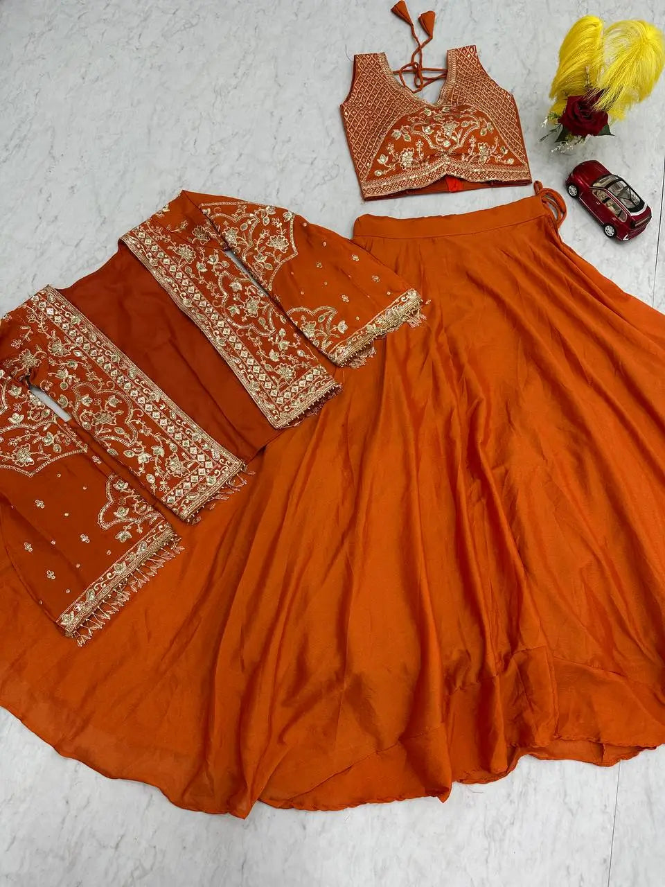 Festival Special Chinon Crop Top Lehenga with Jacket for Wedding and Party Wear