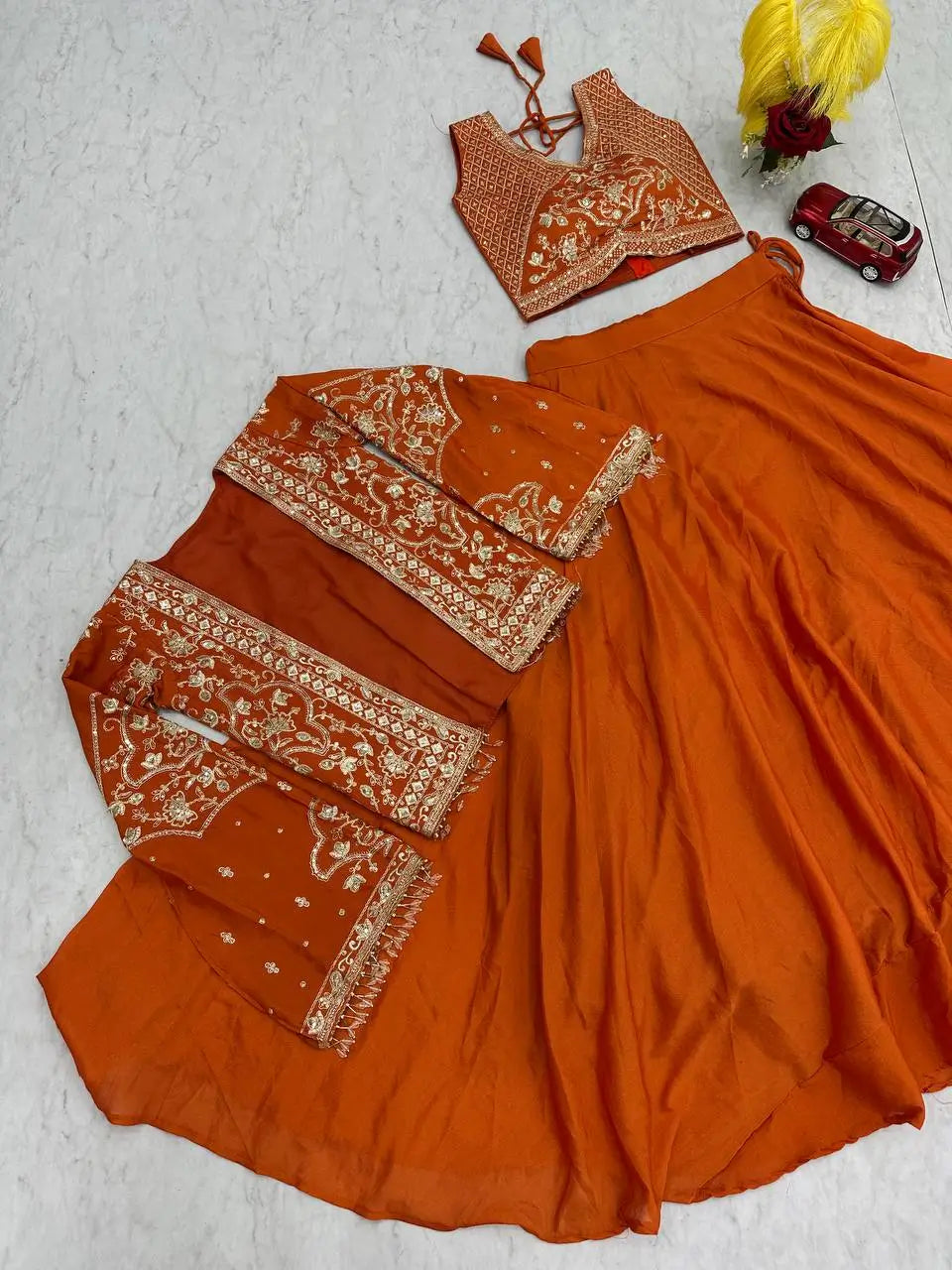 Festival Special Chinon Crop Top Lehenga with Jacket for Wedding and Party Wear