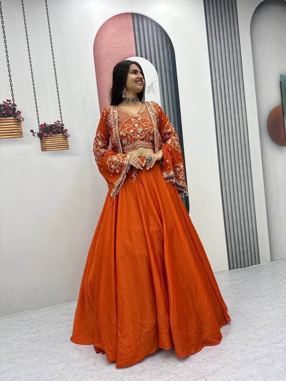 Festival Special Chinon Crop Top Lehenga with Jacket for Wedding and Party Wear