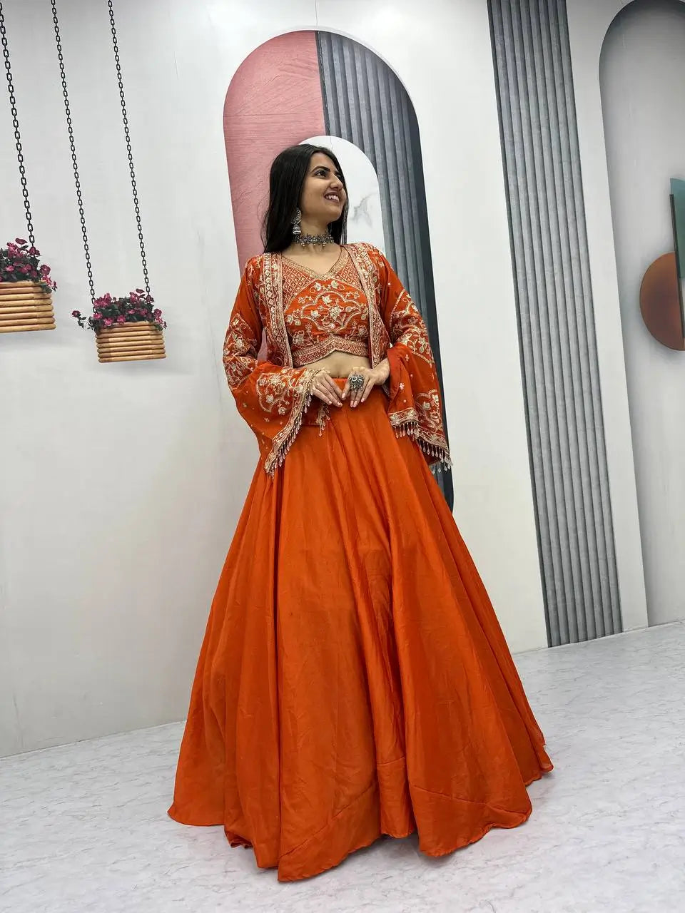 Festival Special Chinon Crop Top Lehenga with Jacket for Wedding and Party Wear