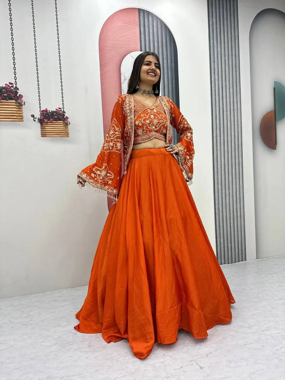 Festival Special Chinon Crop Top Lehenga with Jacket for Wedding and Party Wear
