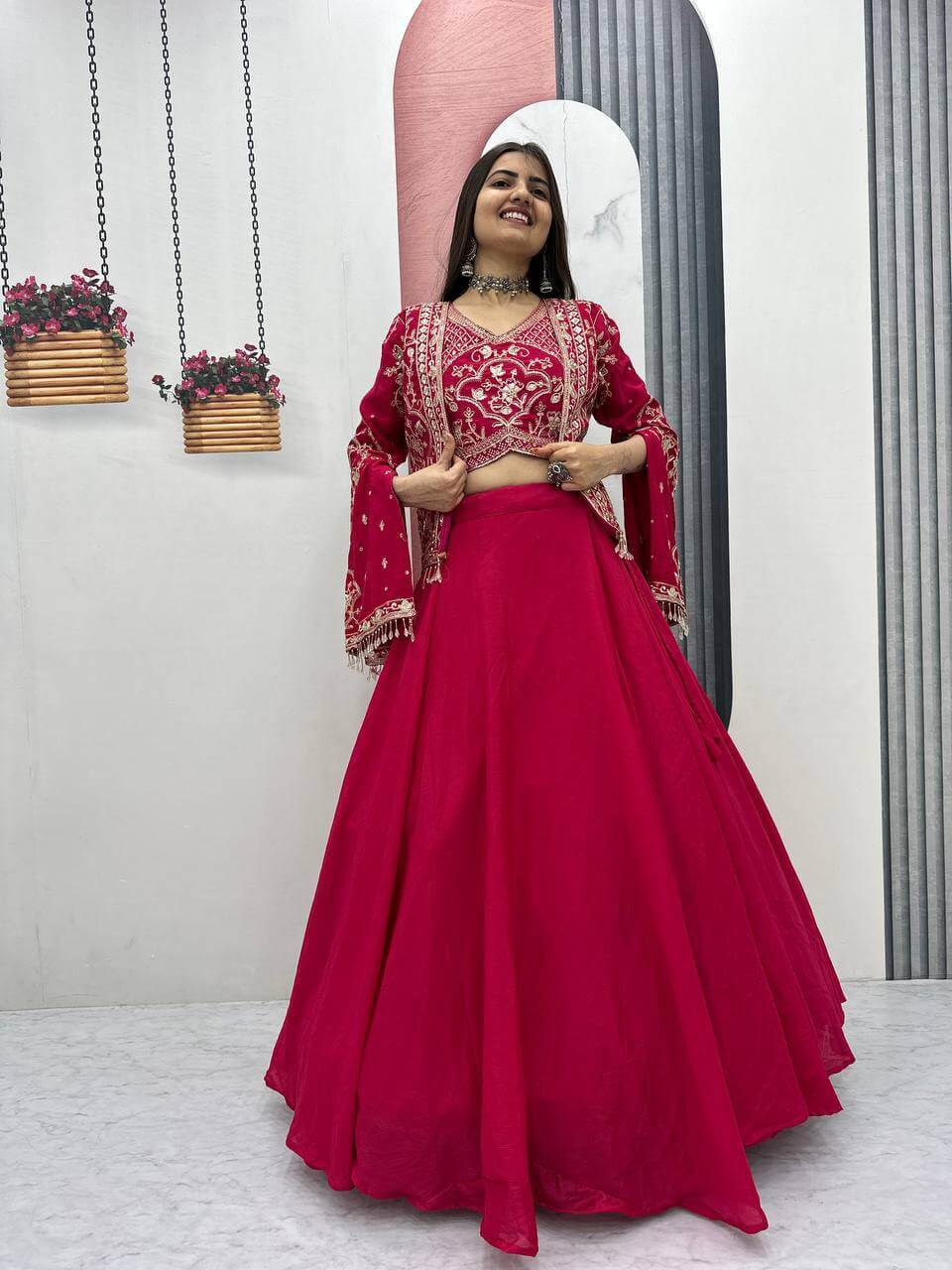 Festival Special Chinon Crop Top Lehenga with Jacket for Wedding and Party Wear