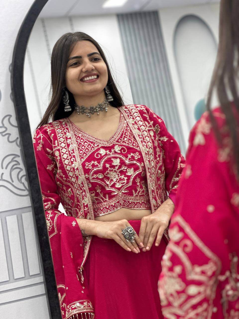 Festival Special Chinon Crop Top Lehenga with Jacket for Wedding and Party Wear