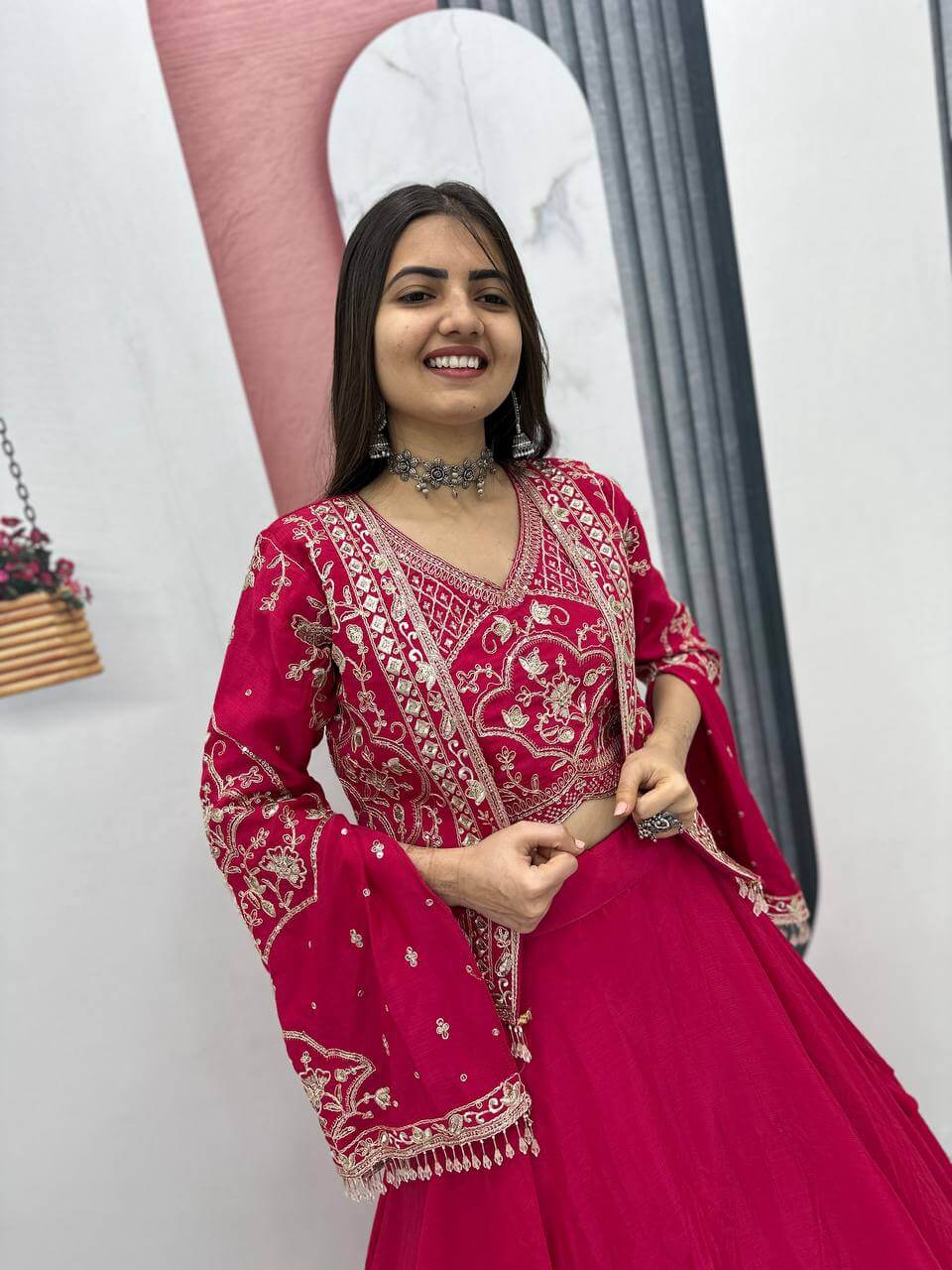 Festival Special Chinon Crop Top Lehenga with Jacket for Wedding and Party Wear