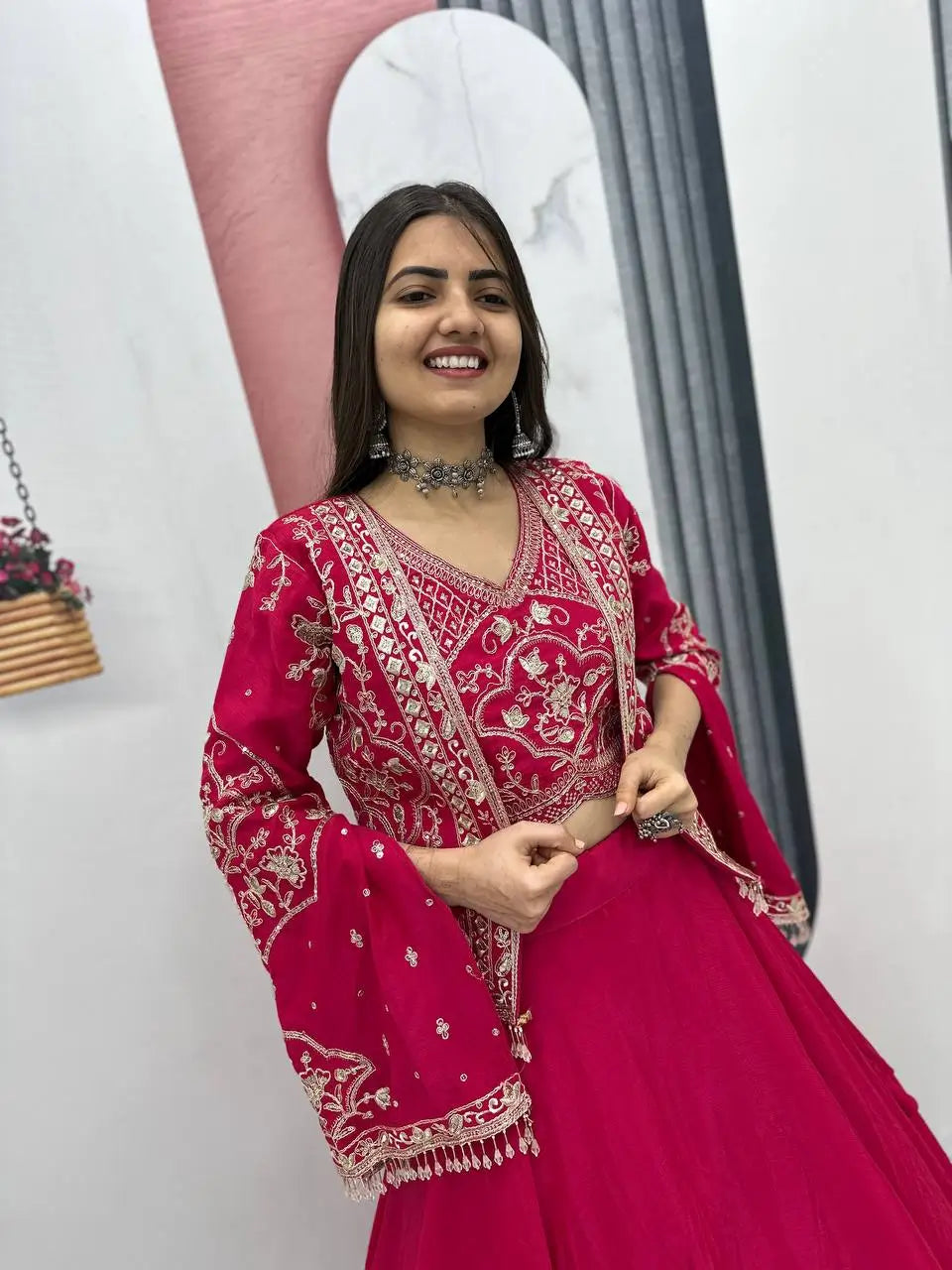 Festival Special Chinon Crop Top Lehenga with Jacket for Wedding and Party Wear