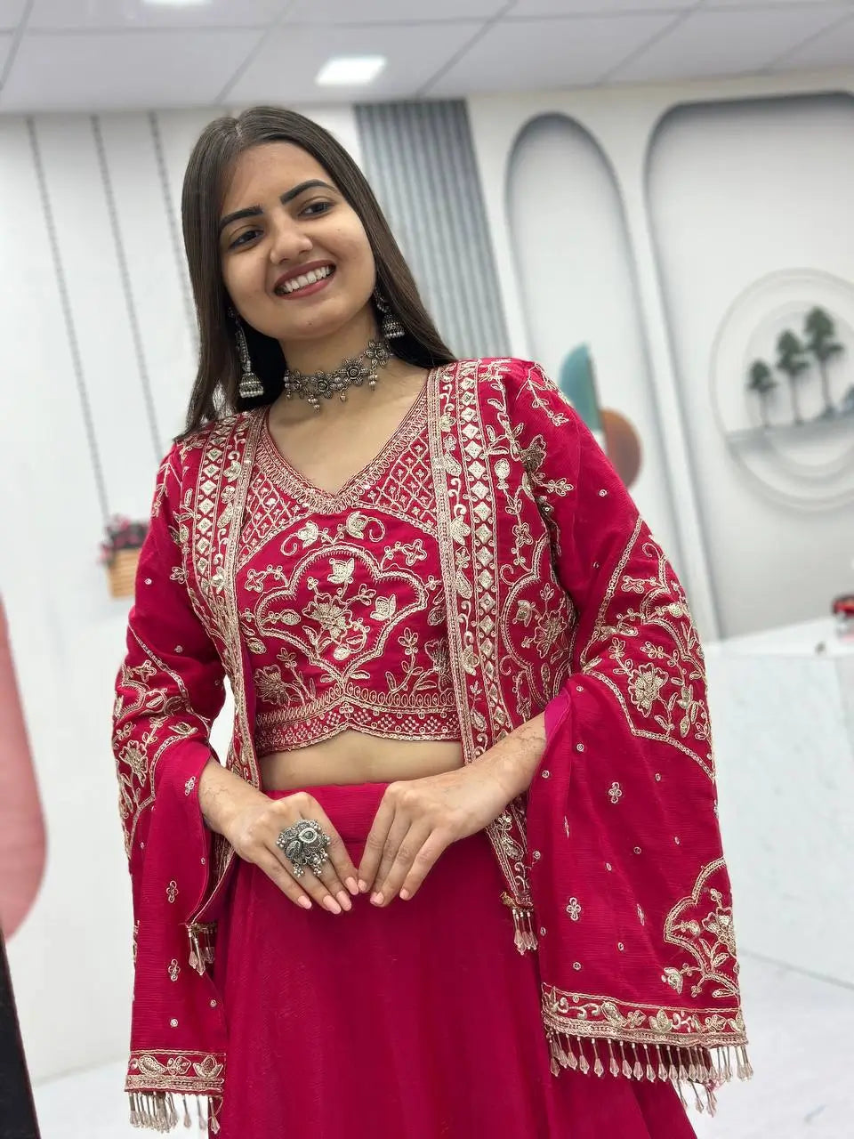 Festival Special Chinon Crop Top Lehenga with Jacket for Wedding and Party Wear