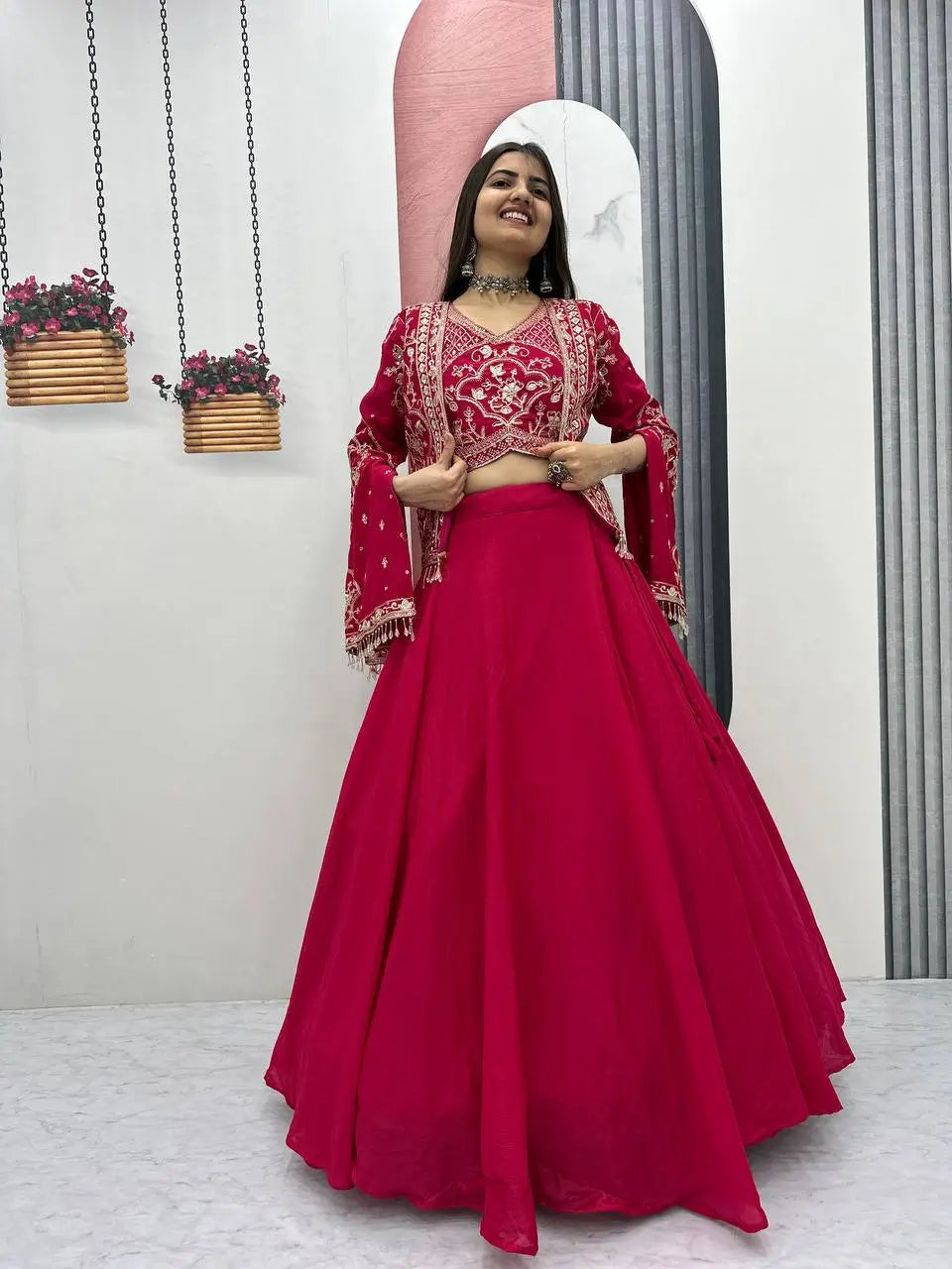 Festival Special Chinon Crop Top Lehenga with Jacket for Wedding and Party Wear