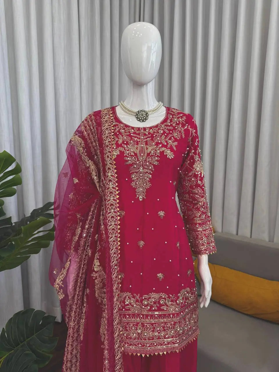 Festive Embroidered Crepe Farshi Suit Set for Wedding and Celebration Wear