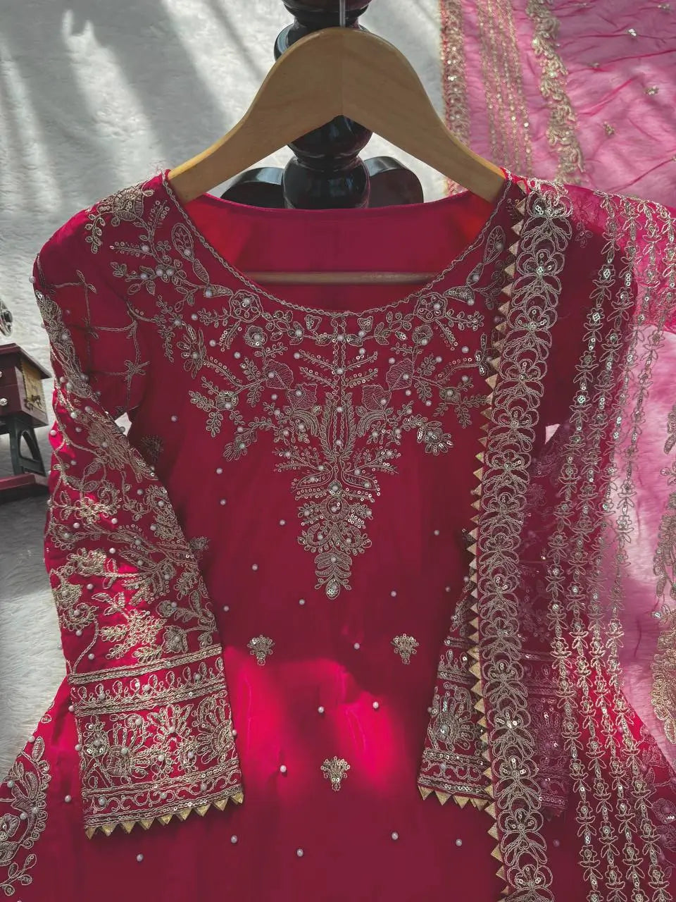 Festive Embroidered Crepe Farshi Suit Set for Wedding and Celebration Wear
