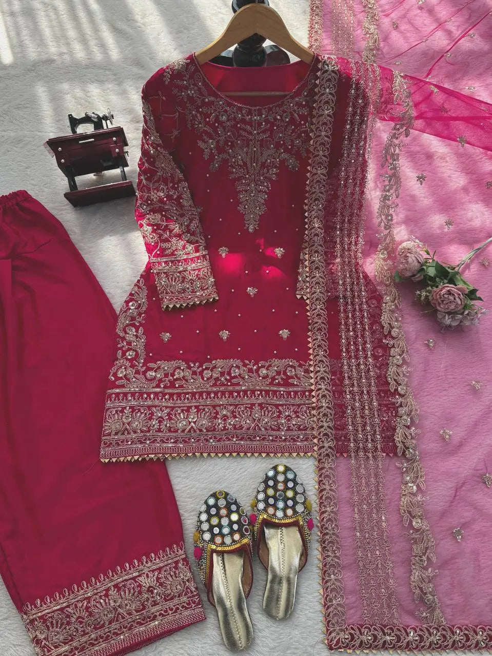 Festive Embroidered Crepe Farshi Suit Set for Wedding and Celebration Wear