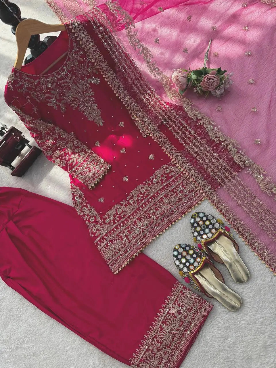Festive Embroidered Crepe Farshi Suit Set for Wedding and Celebration Wear