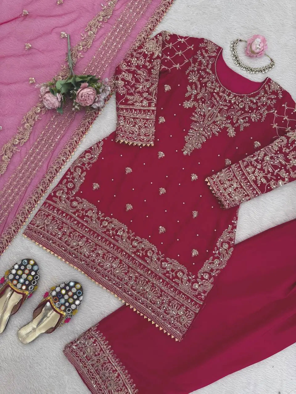 Festive Embroidered Crepe Farshi Suit Set for Wedding and Celebration Wear