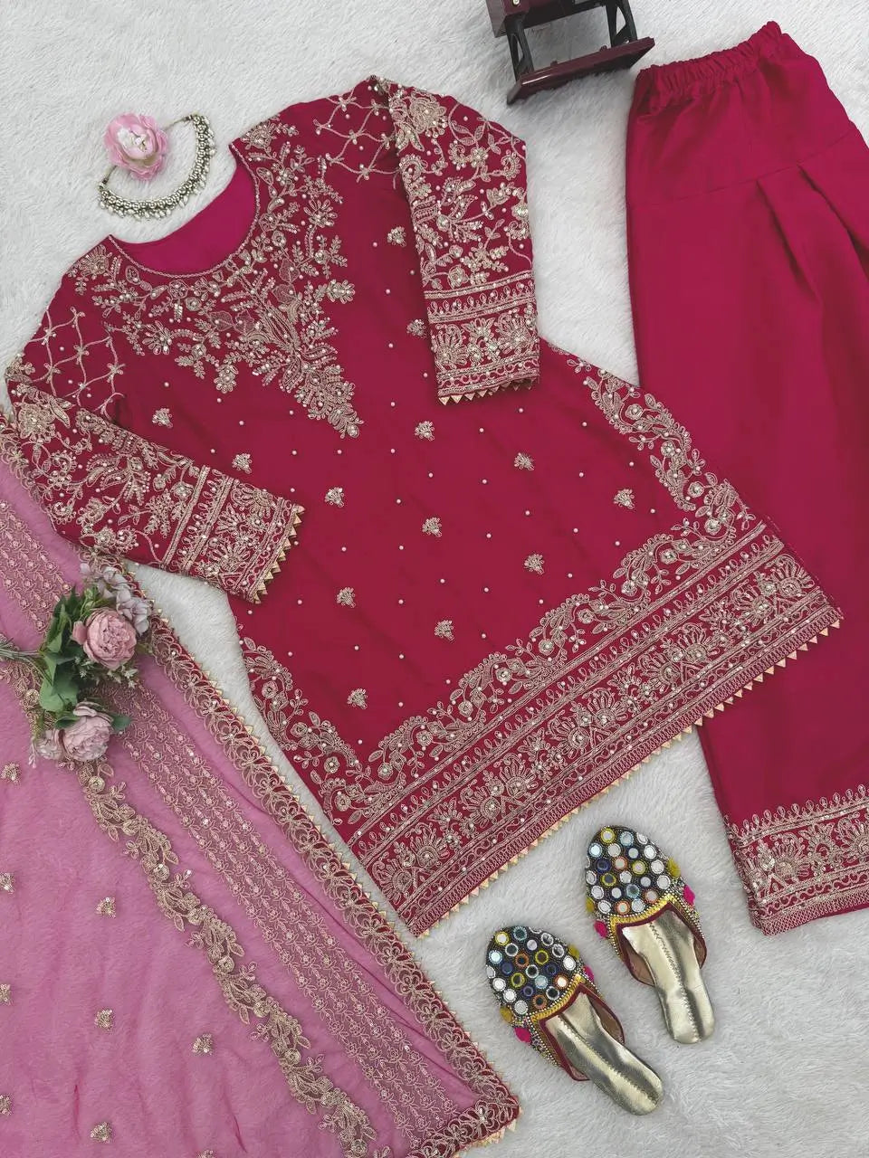 Festive Embroidered Crepe Farshi Suit Set for Wedding and Celebration Wear