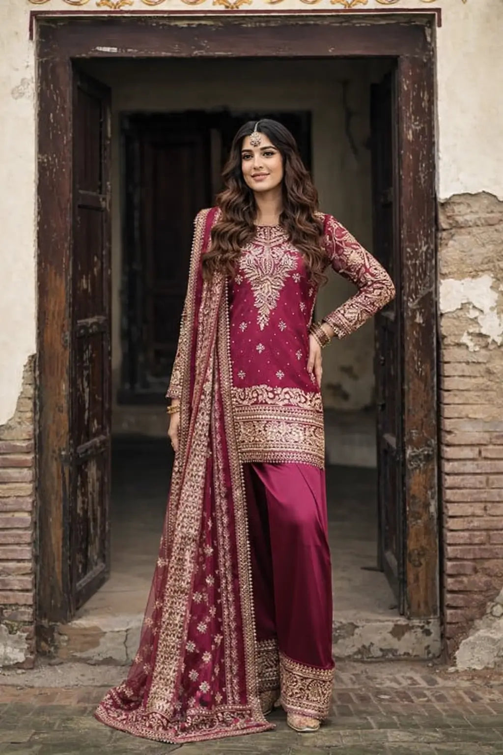 Festive Embroidered Crepe Farshi Suit Set for Wedding and Celebration Wear