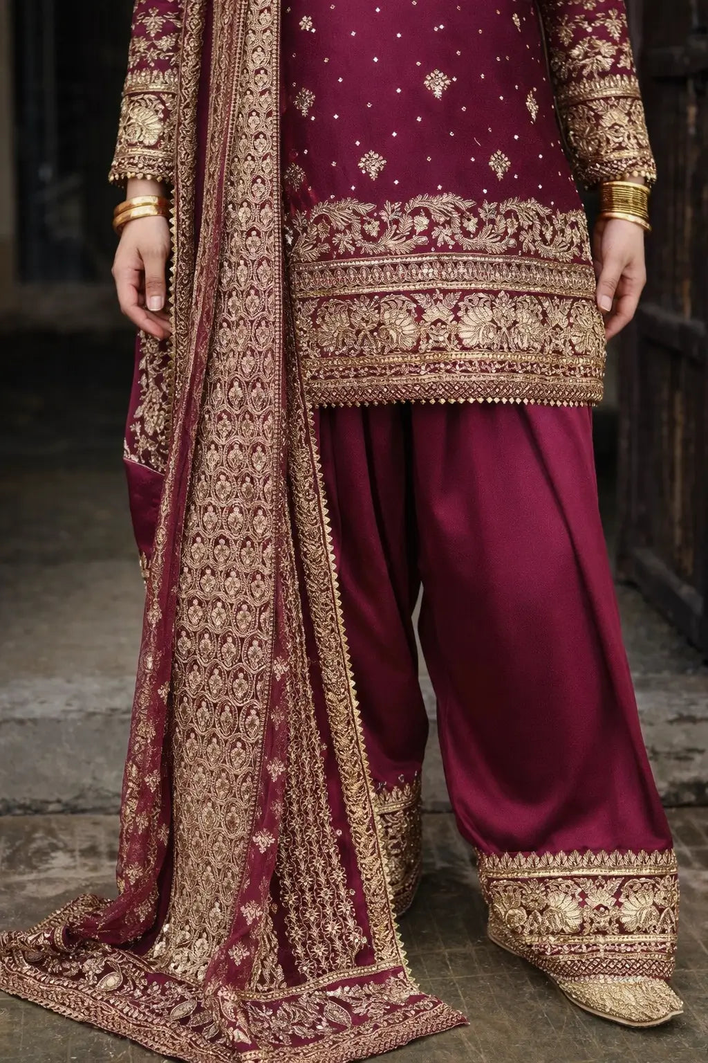 Festive Embroidered Crepe Farshi Suit Set for Wedding and Celebration Wear