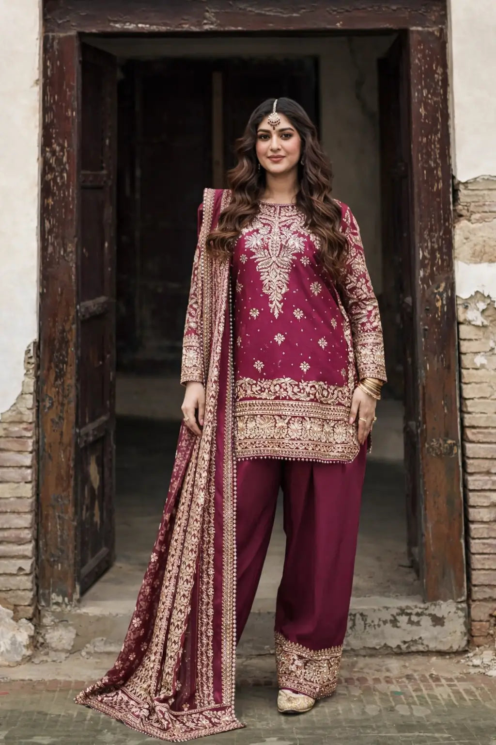 Festive Embroidered Crepe Farshi Suit Set for Wedding and Celebration Wear