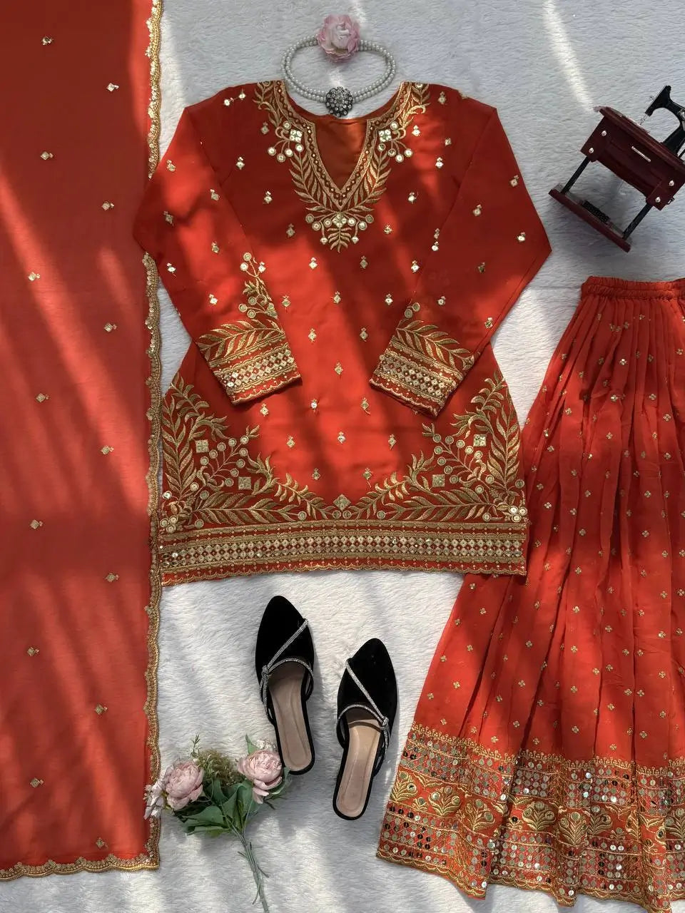 Festive Embroidered Georgette Sharara Suit Set
