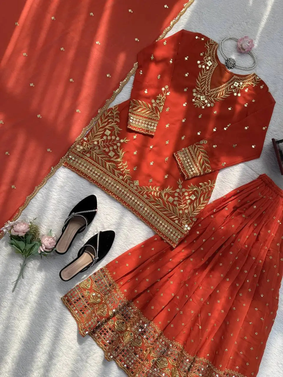 Festive Embroidered Georgette Sharara Suit Set