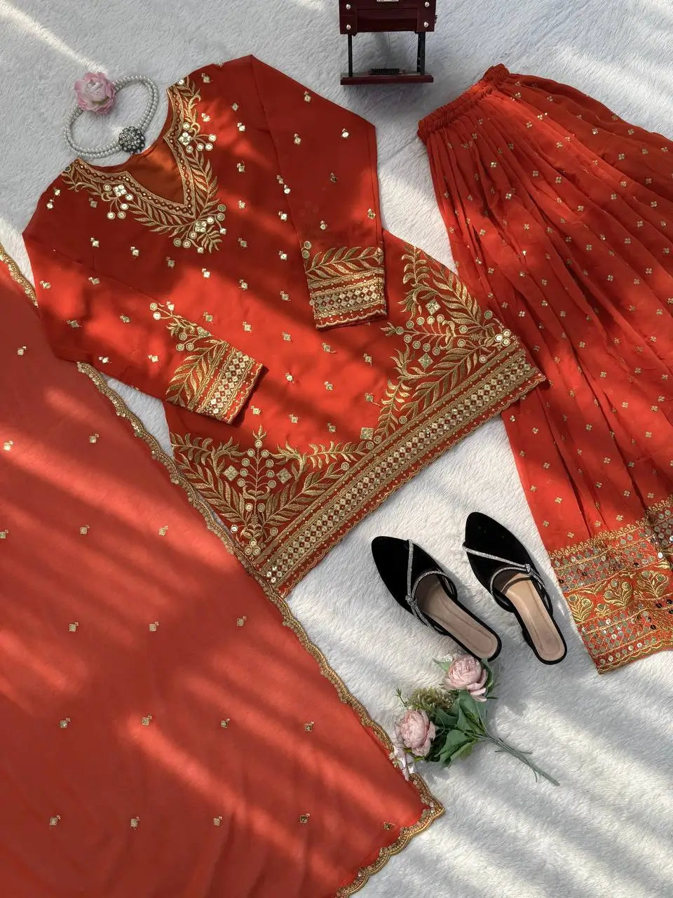 Festive Embroidered Georgette Sharara Suit Set