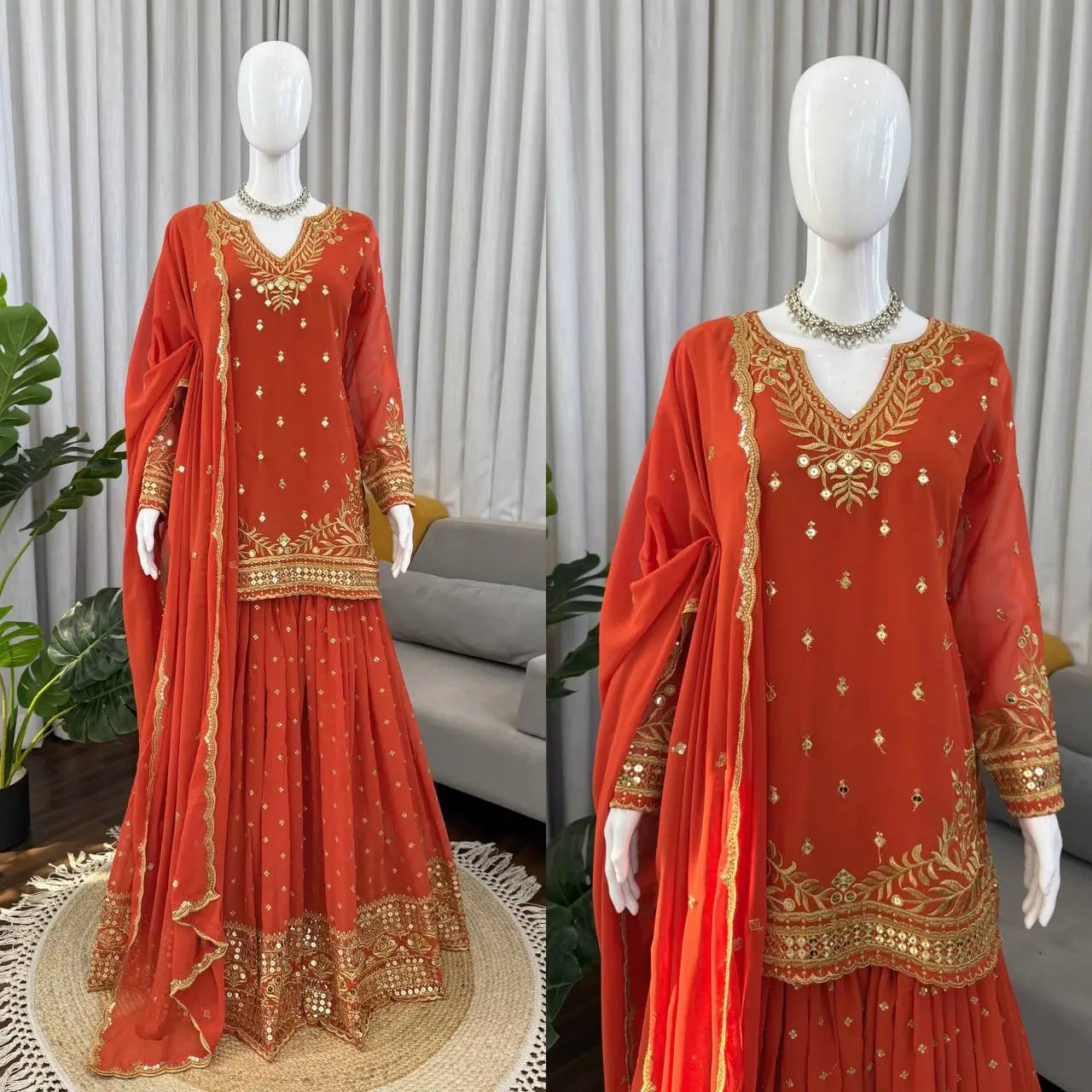 Festive Embroidered Georgette Sharara Suit Set