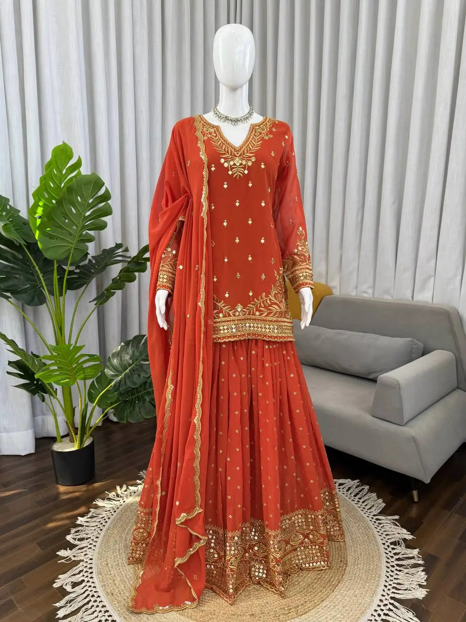 Festive Embroidered Georgette Sharara Suit Set
