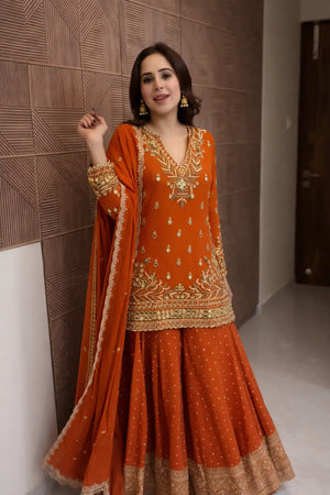 Festive Embroidered Georgette Sharara Suit Set