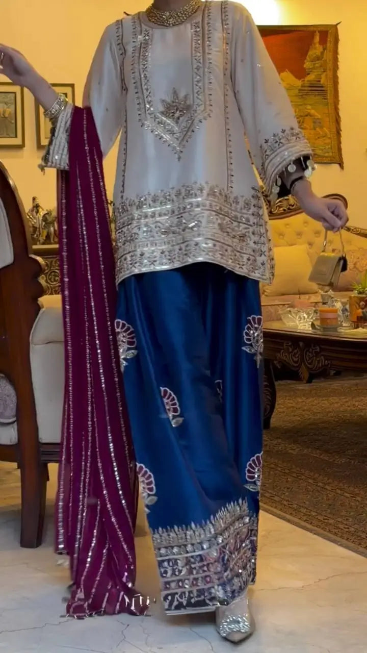 Festive Embroidered Silk Sharara Suit Set