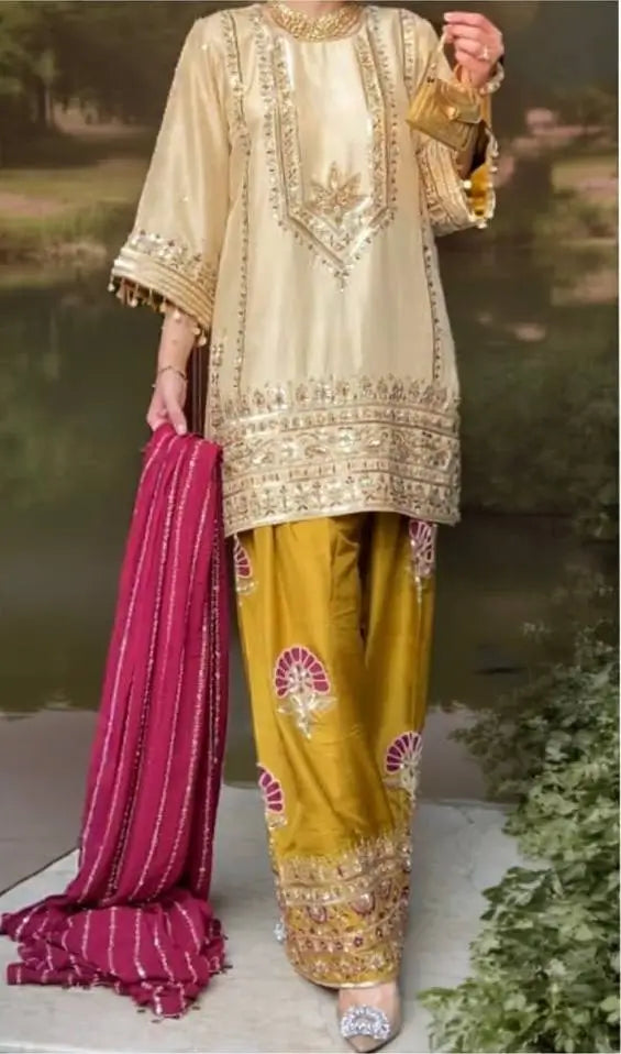 Festive Embroidered Silk Sharara Suit Set