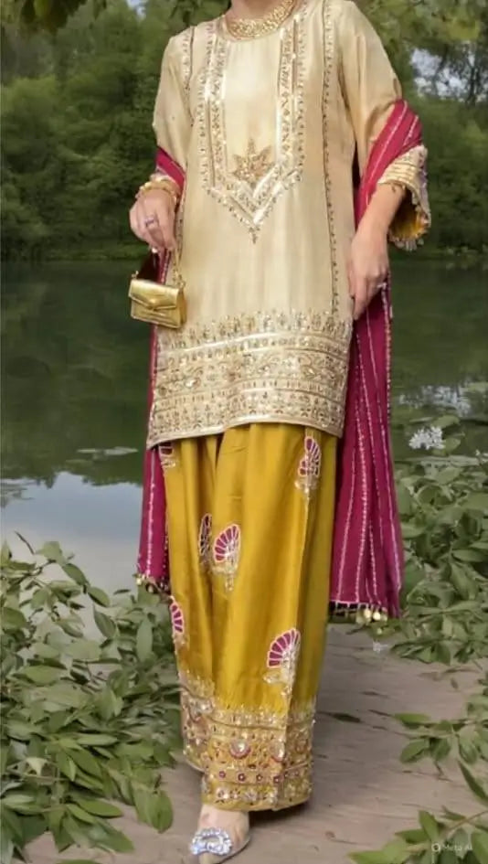 Festive Embroidered Silk Sharara Suit Set