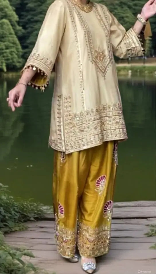 Festive Embroidered Silk Sharara Suit Set