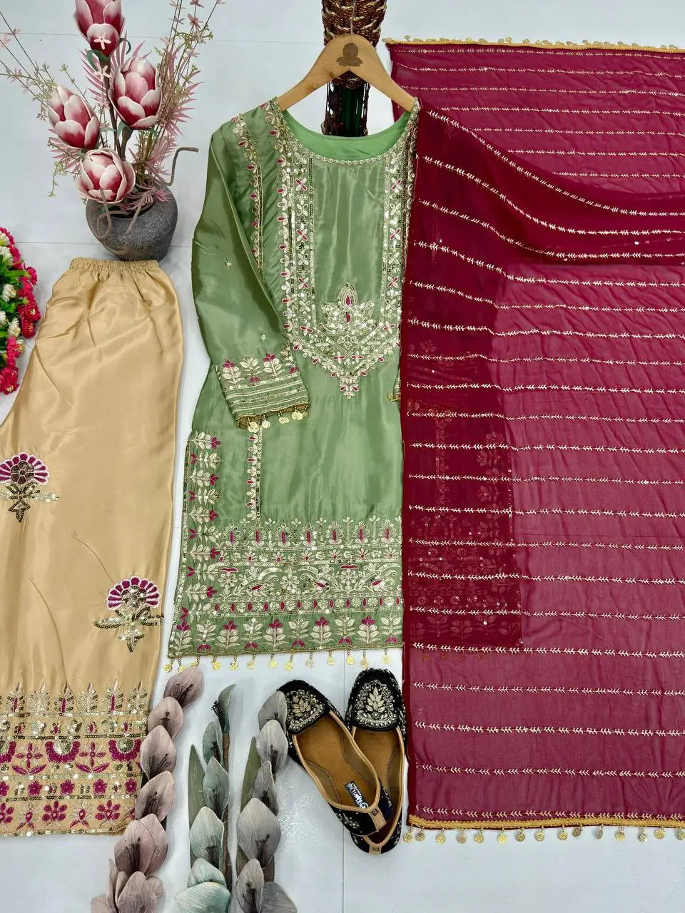Festive Embroidered Silk Sharara Suit Set