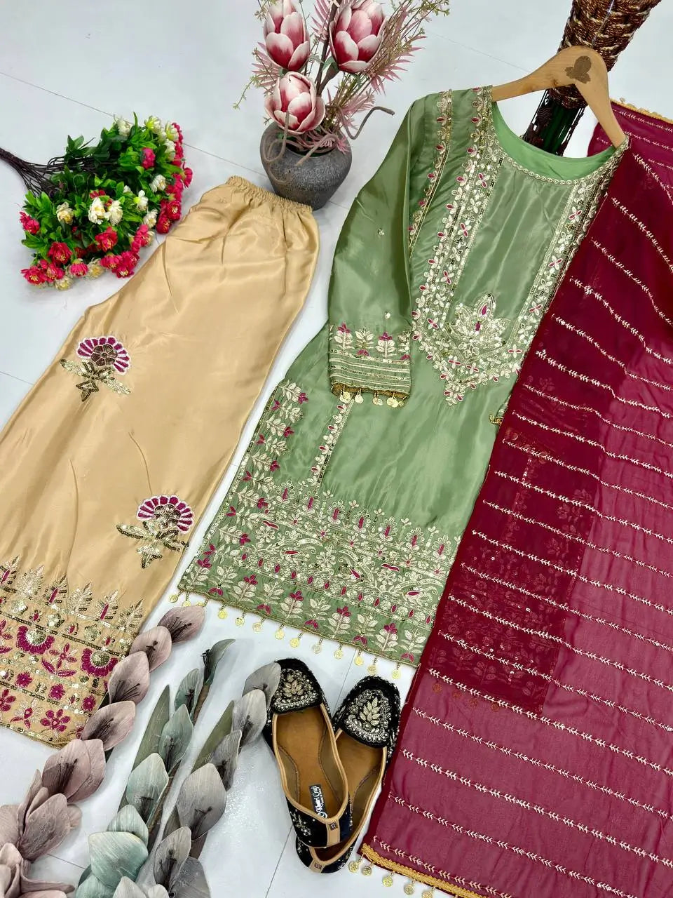 Festive Embroidered Silk Sharara Suit Set