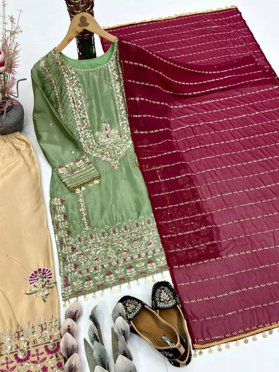 Festive Embroidered Silk Sharara Suit Set