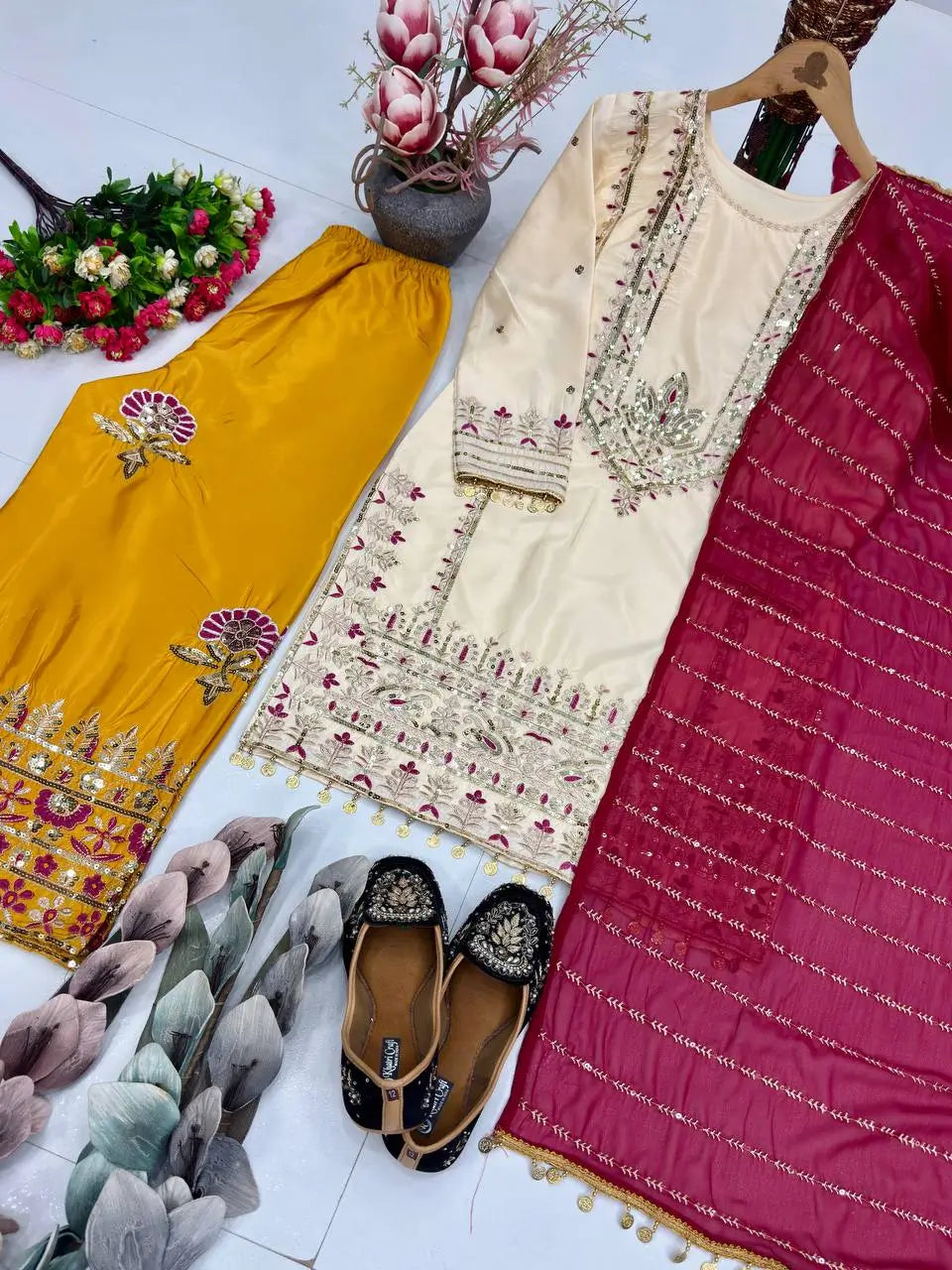 Festive Embroidered Silk Sharara Suit Set