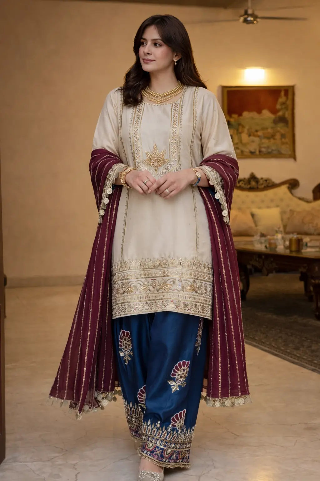 Festive Embroidered Silk Sharara Suit Set