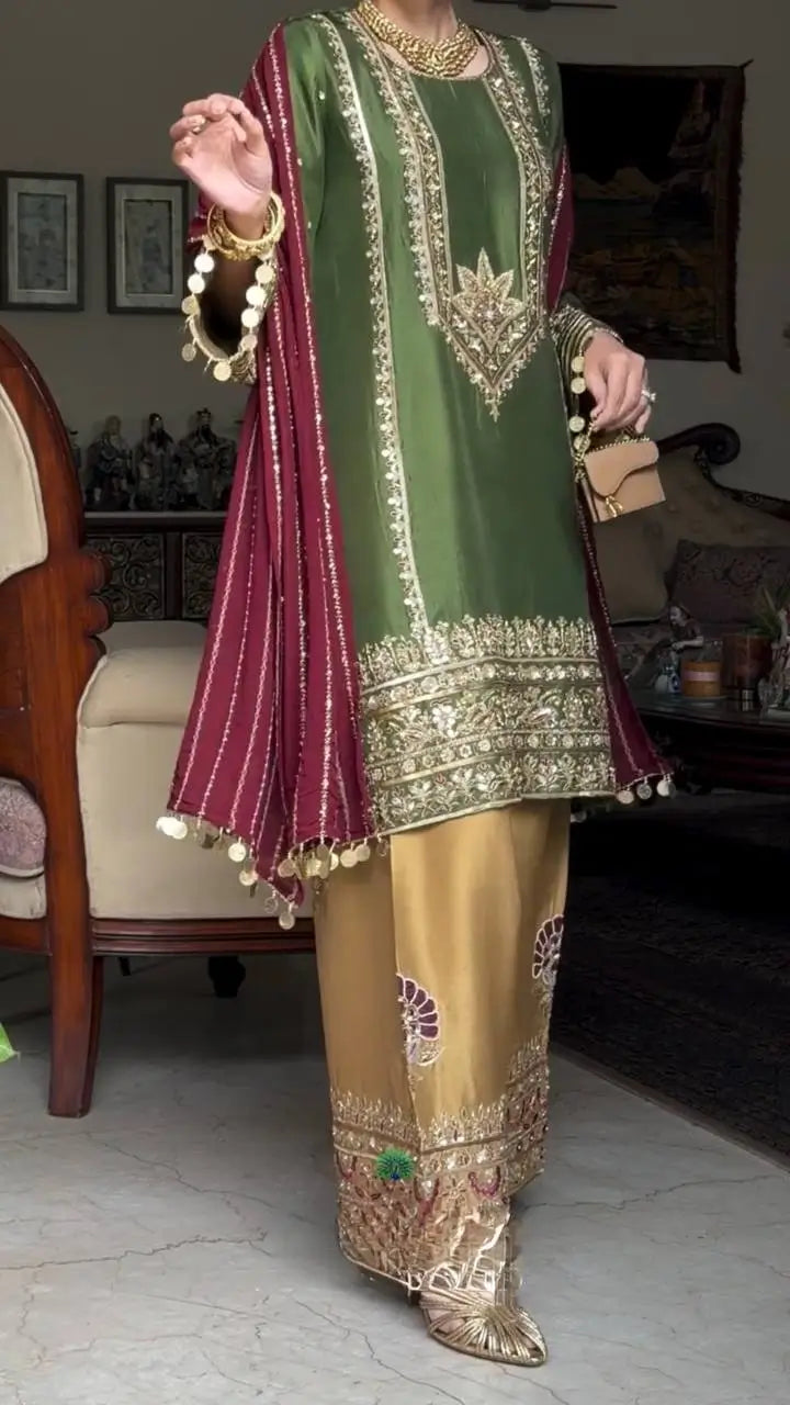 Festive Embroidered Silk Sharara Suit Set