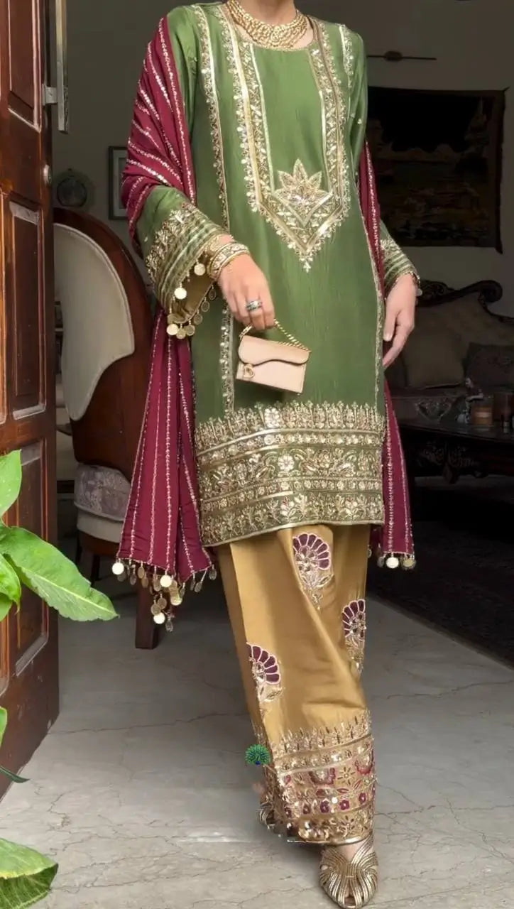 Festive Embroidered Silk Sharara Suit Set