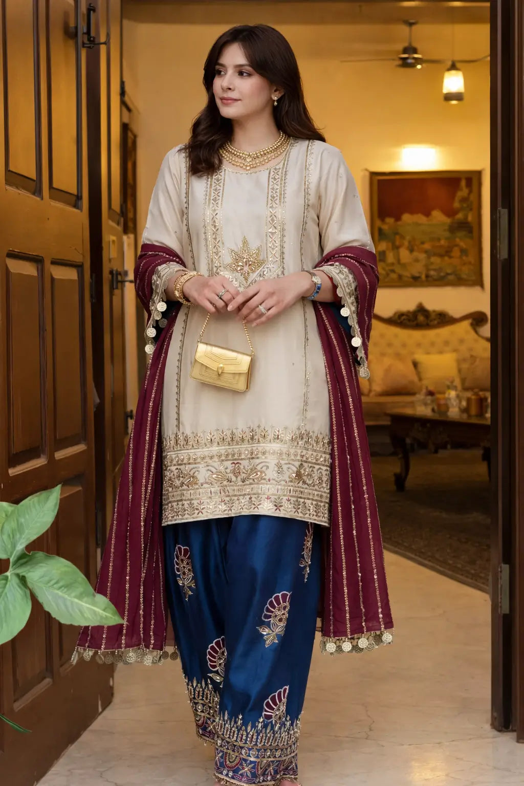 Festive Embroidered Silk Sharara Suit Set