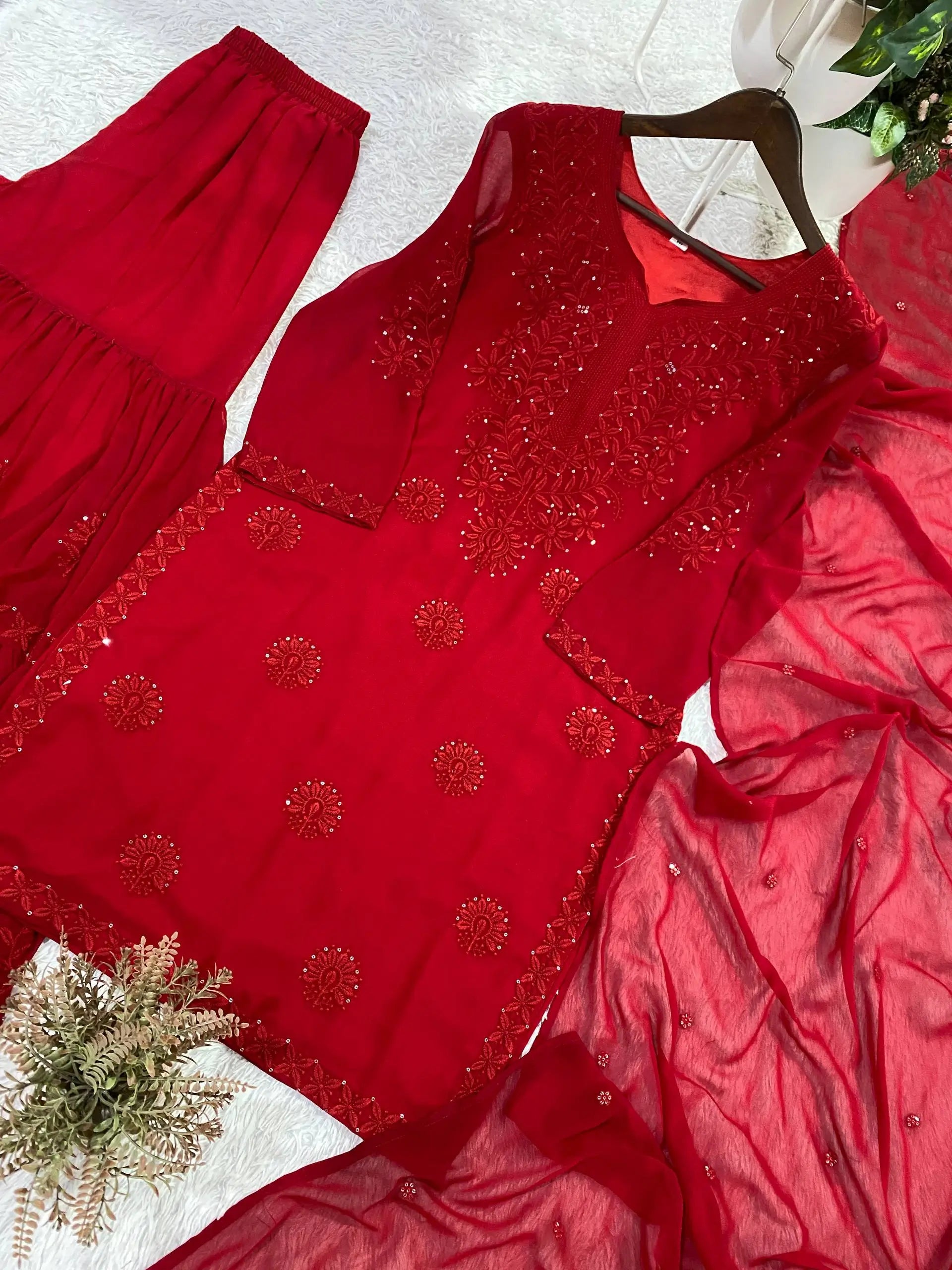 Festive Red Georgette Sharara Suit Set with Matching Thread Work and Dupatta