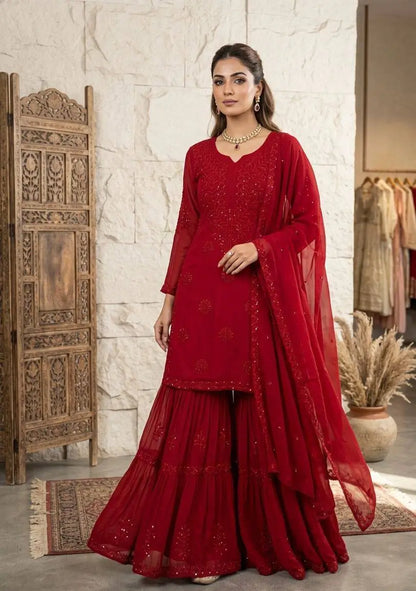 Festive Red Georgette Sharara Suit Set with Matching Thread Work and Dupatta