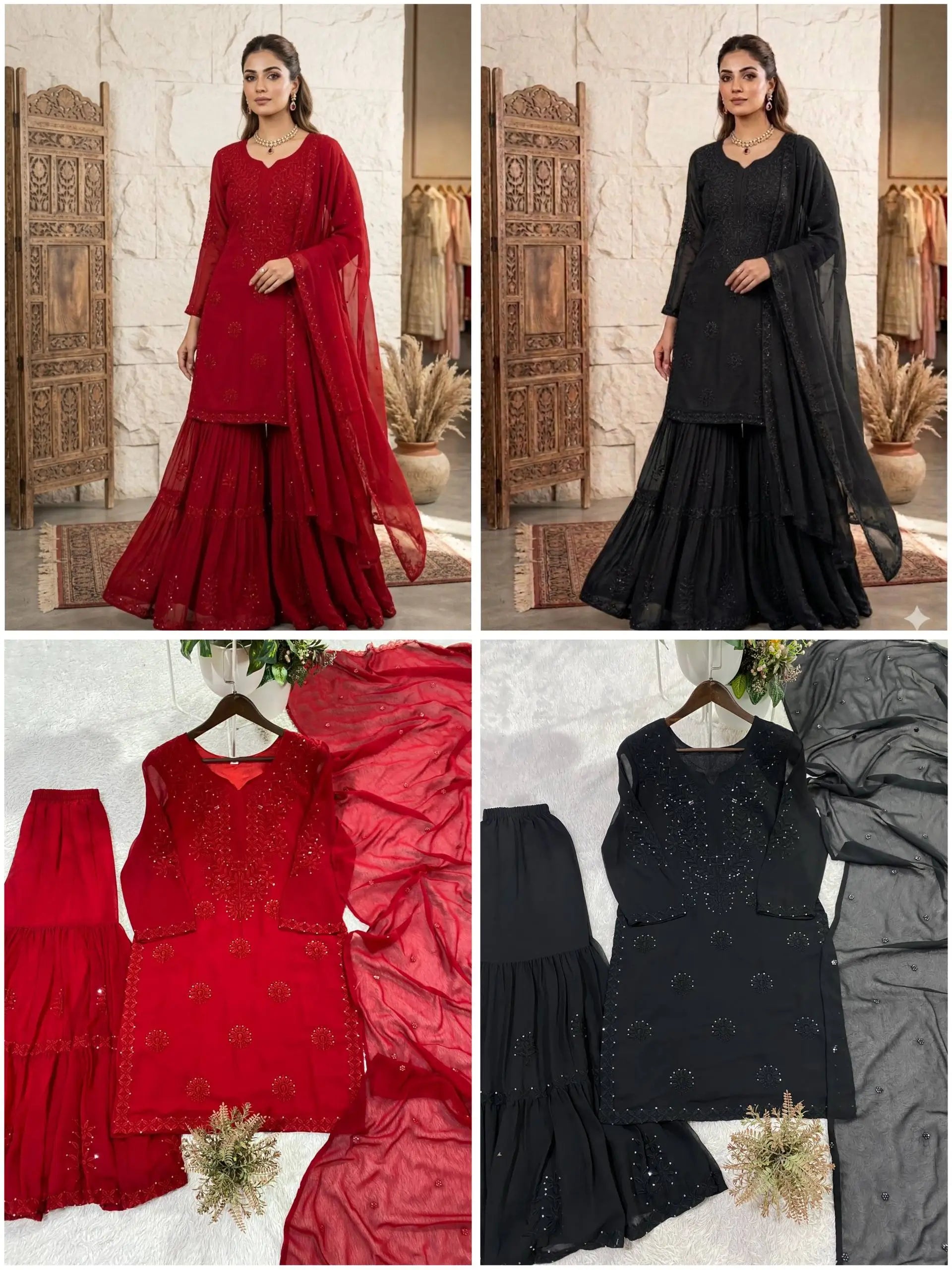 Festive Red Georgette Sharara Suit Set with Matching Thread Work and Dupatta