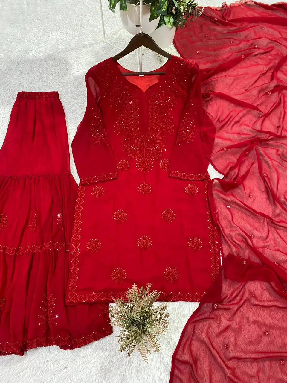 Festive Red Georgette Sharara Suit Set with Matching Thread Work and Dupatta